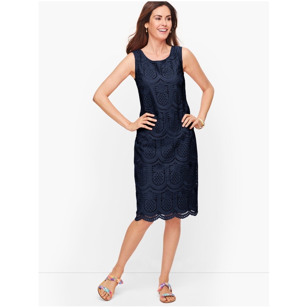 Talbots Navy Blue Eyelet Pineapple Shift Dress Sleeveless Cotton Size 8 NWT
